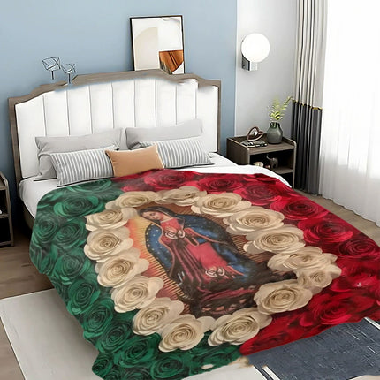 Virgin Mary & Floral Flannel Blanket 🌹 | Soft, Light & Warm
