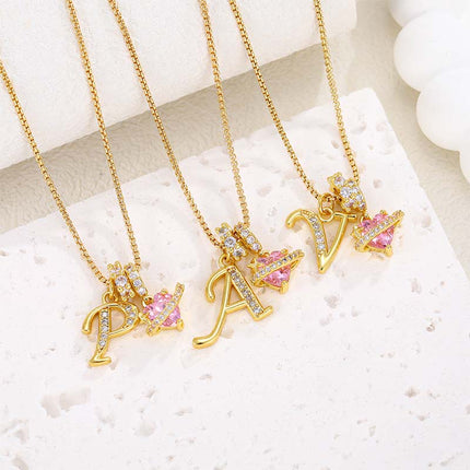 Initial Letter Necklace with Pink Heart Charm