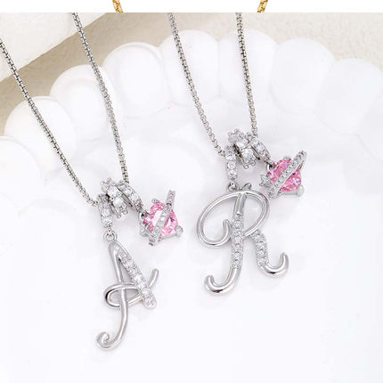 Initial Letter Necklace with Pink Heart Charm