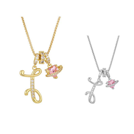 Initial Letter Necklace with Pink Heart Charm
