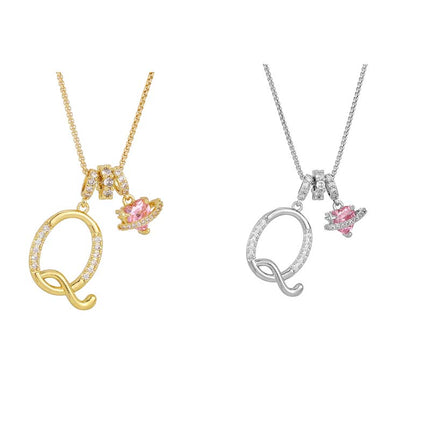 Initial Letter Necklace with Pink Heart Charm